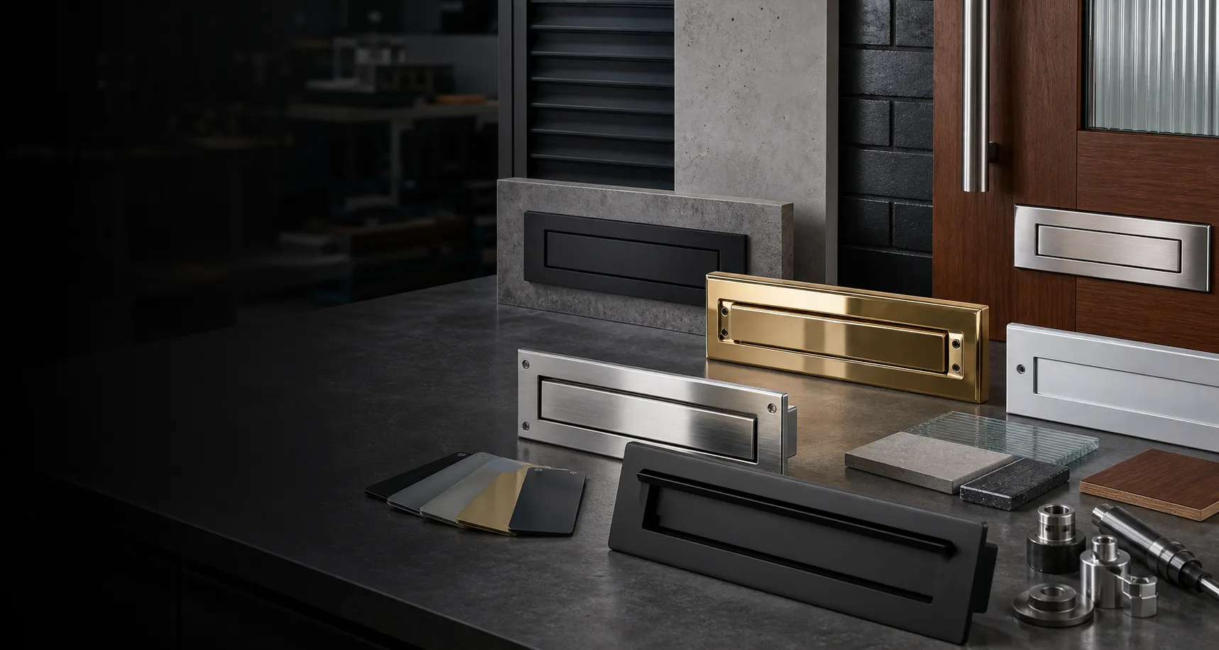 Durable metal mail slots in stainless steel, aluminum, brass, and powder-coated finishes for doors, walls, apartment entrances, and custom letterbox projects