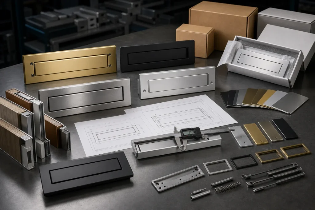 Custom metal mail slot samples with drawings, calipers, finish swatches, door thickness blocks, flap parts, screw hole options, logo marking samples, and private label packaging