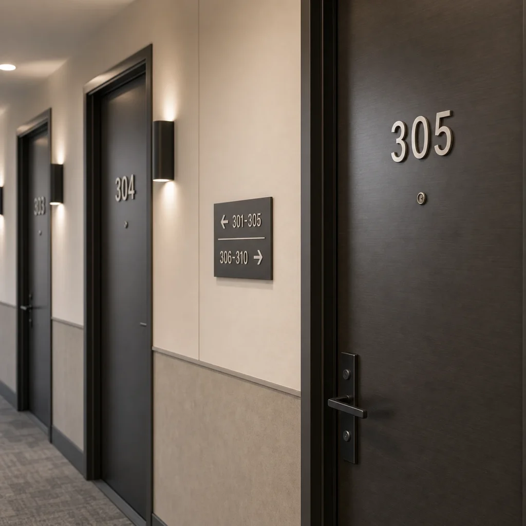 Metal apartment unit numbers used on doors and corridor signs for building projects