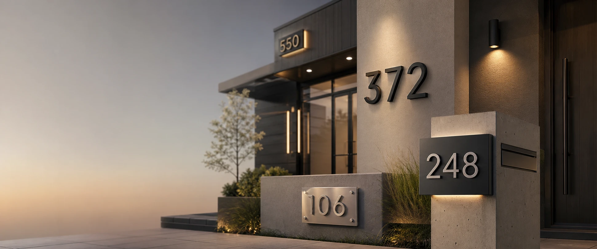 Modern house numbers in black, metal, floating, plaque and backlit styles on a modern home entrance and mailbox column