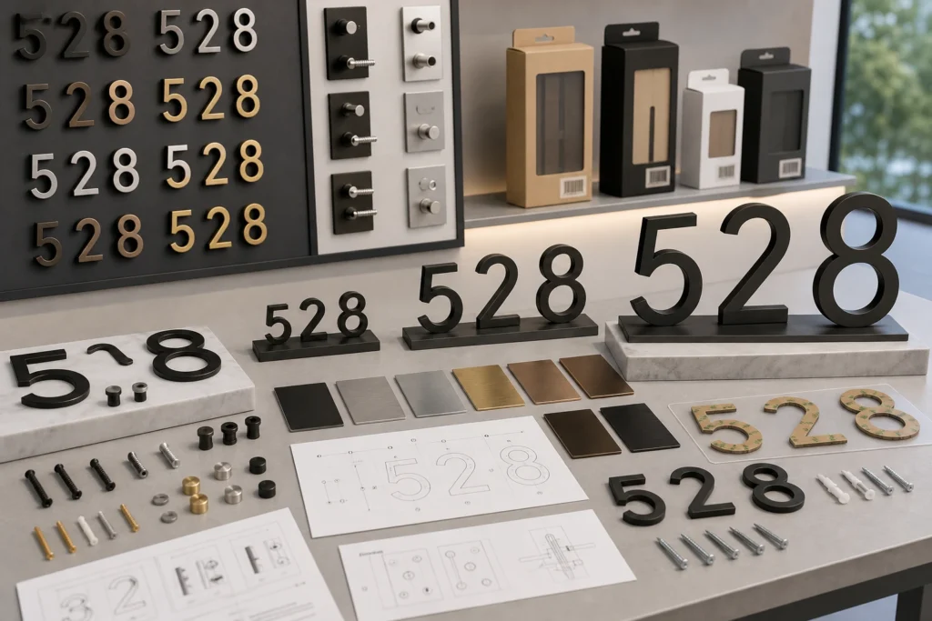Modern house number samples with size options, custom fonts, finish swatches, mounting hardware and retail packaging for OEM projects