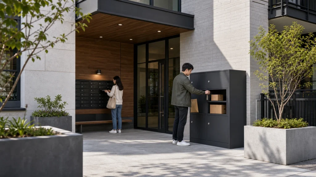Secure small parcel boxes at an apartment entrance for safer and more convenient package pickup in condos and residential communities.