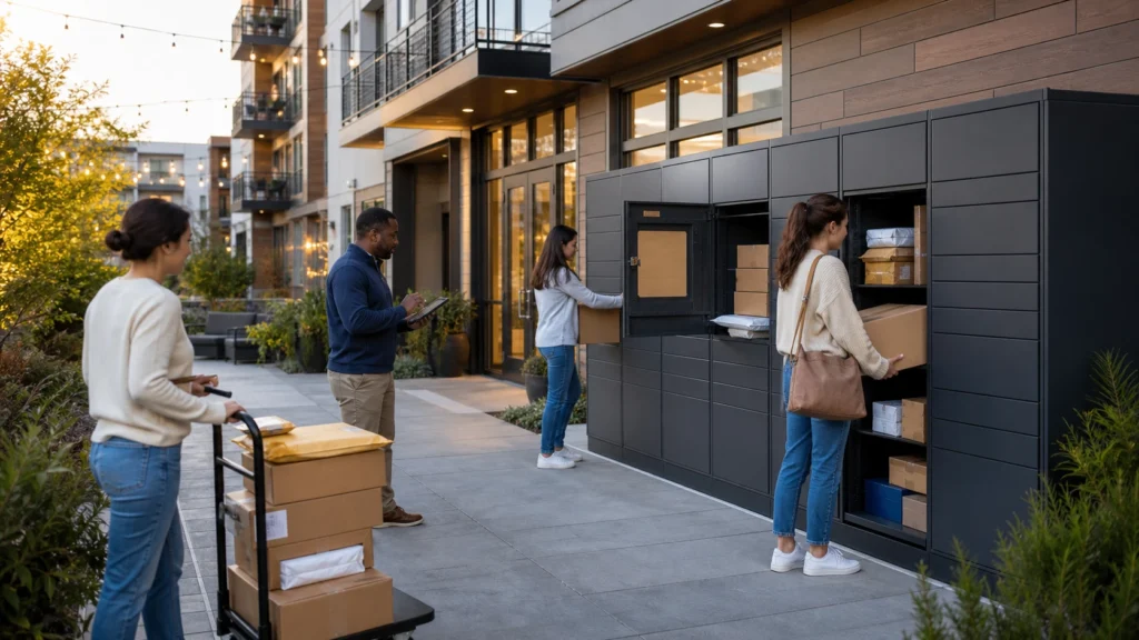 Extra large parcel box system at an apartment entrance providing secure and convenient package pickup for residents