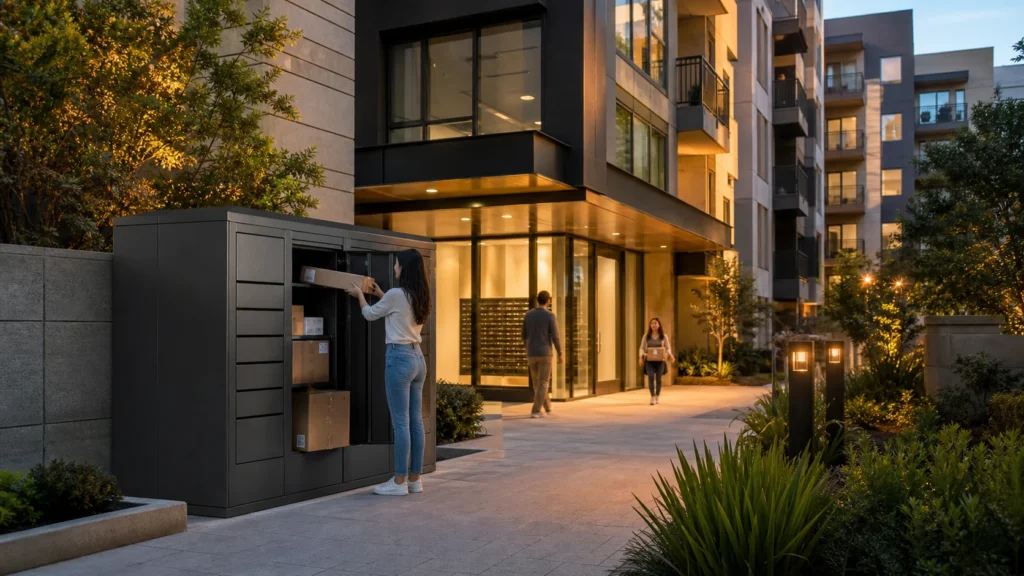 Large parcel box system at an apartment entrance providing safer and more convenient package pickup for residents