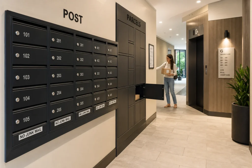 Apartment lobby mail area with post labels, parcel box decals, house number plates and no junk mail signs for residents