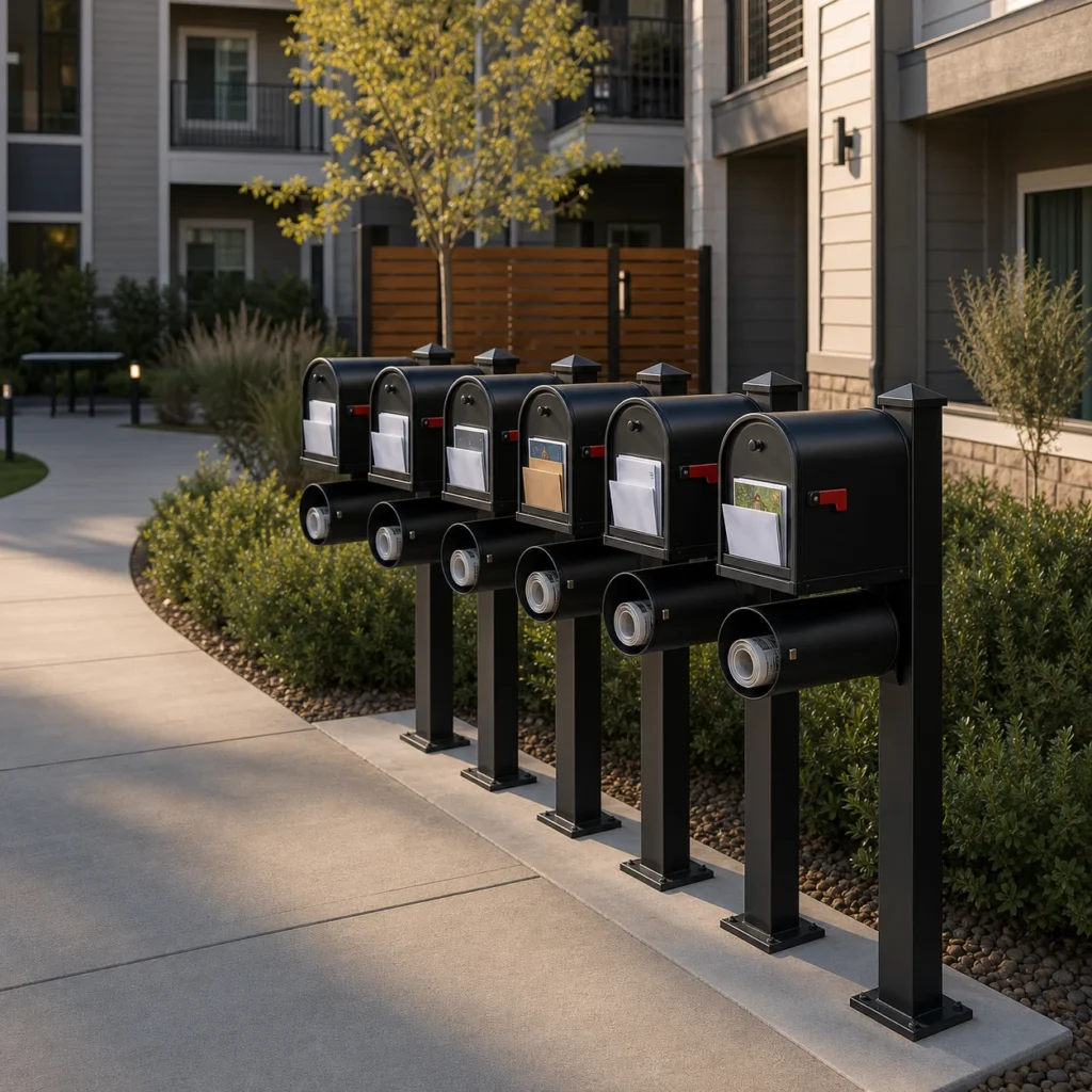 Row of apartment mailboxes with separate newspaper holders supporting convenient mail pickup in a residential community