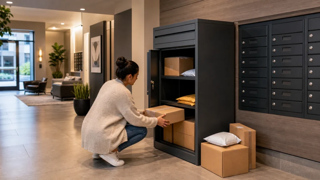 Multifamily medium parcel box solution for secure package pickup in apartments, condos, and residential communities.