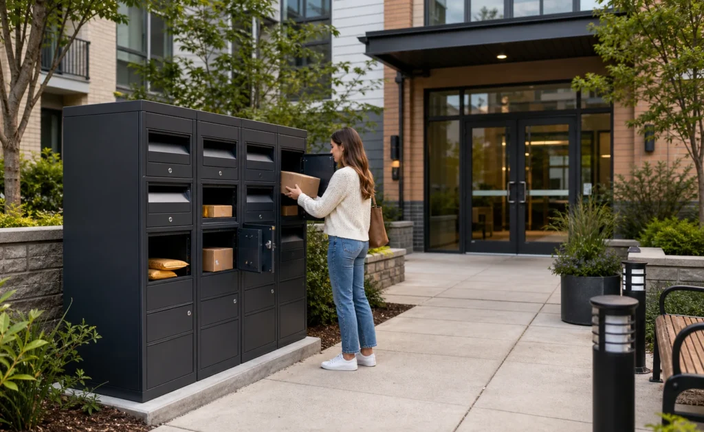 Parcel letterbox system at an apartment entrance for safer resident package pickup in multifamily residential communities