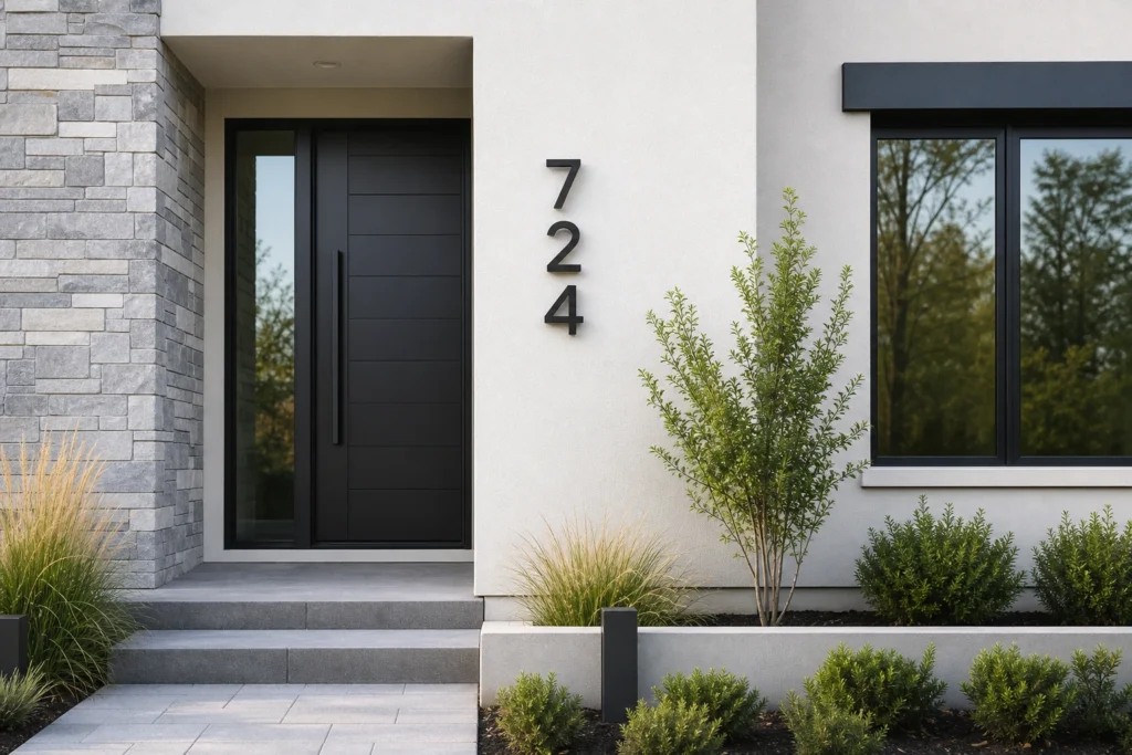 Matte black floating modern house numbers installed on a clean new villa exterior wall near the front door