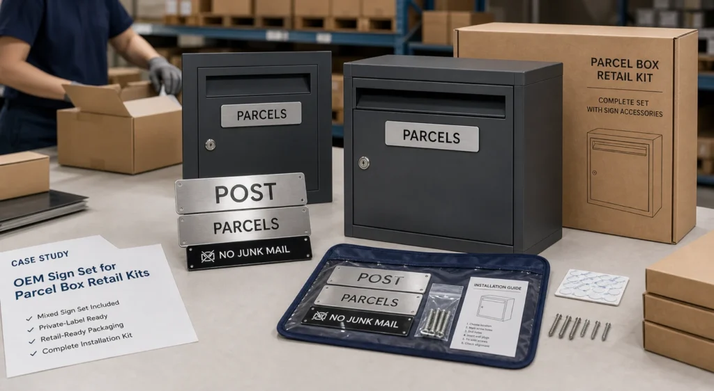 Parcel box retail kit with matching post, parcels and no junk mail decals packed with accessories for a complete OEM product package