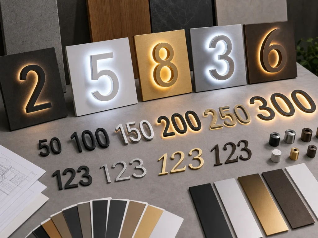 Manufacturer sample table showing custom fonts sizes finishes and LED colors for backlit house numbers