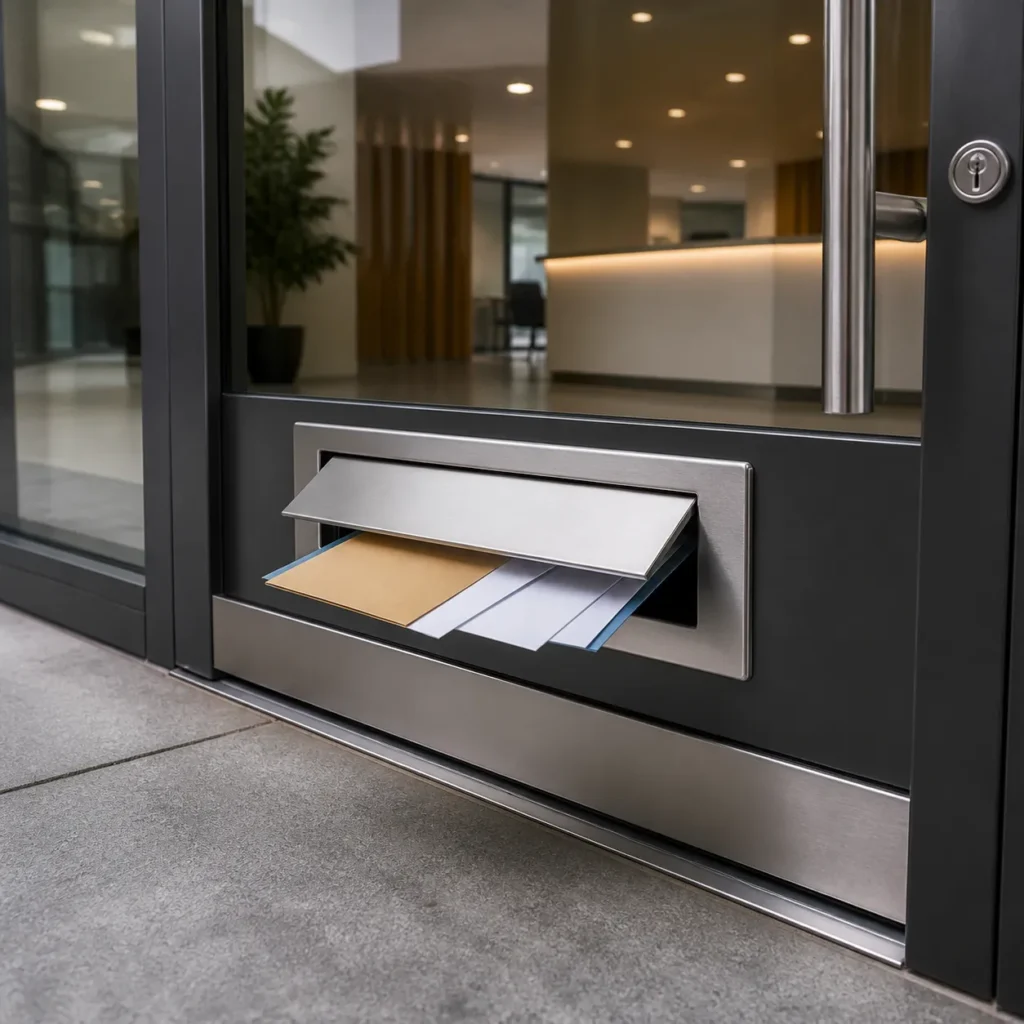 Stainless steel mail slot integrated into a commercial office entrance for document delivery, notices, and after-hours mail access