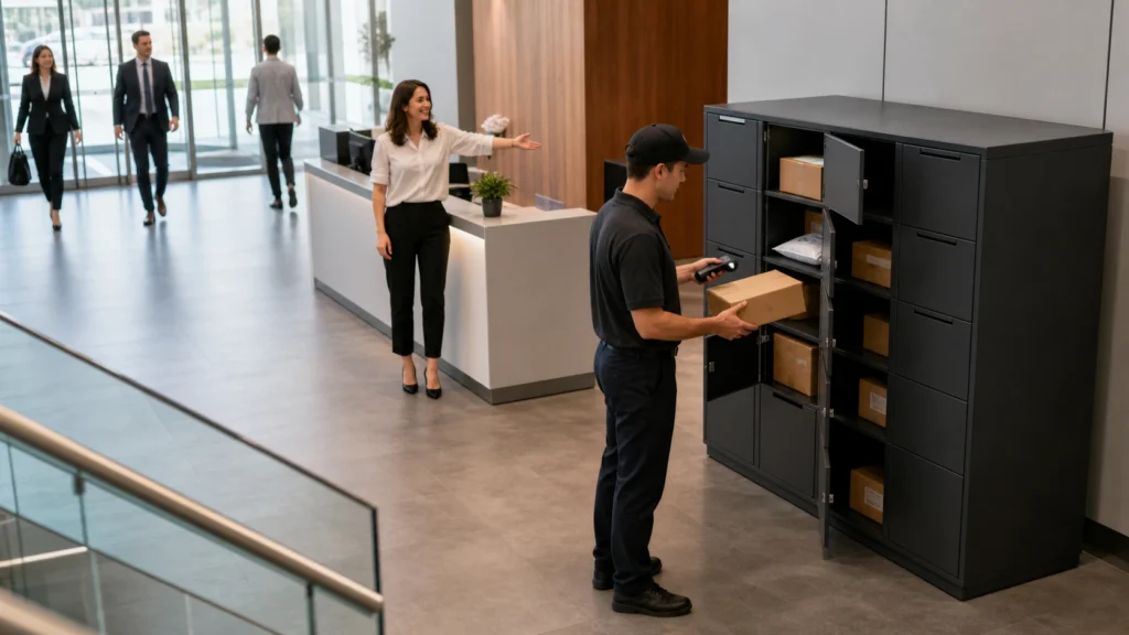 Extra large parcel box in a modern office lobby helping reception staff organize daily business deliveries