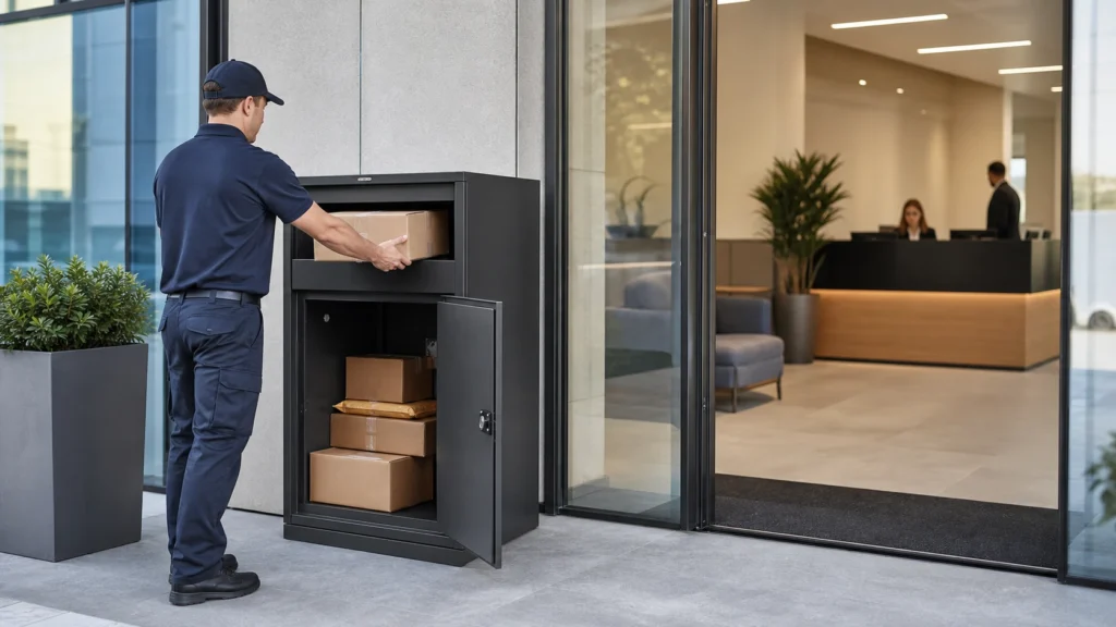 Large parcel box at a modern office entrance helping organize daily package receiving and reduce front desk pressure