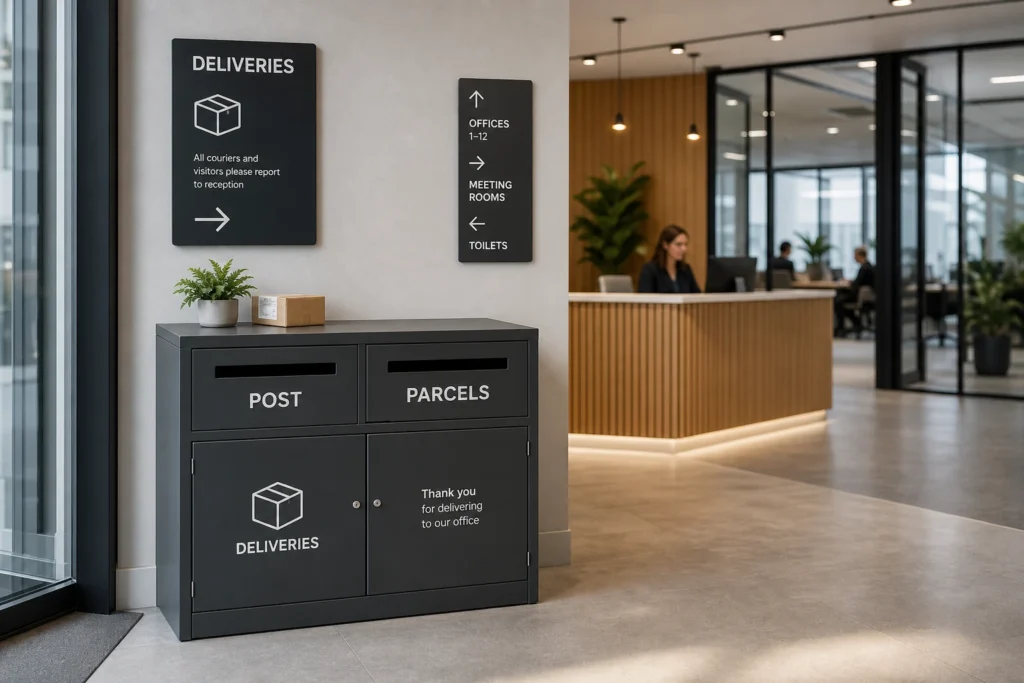 Office parcel receiving area with letterbox signs and parcel box decals for post, parcel and delivery instructions
