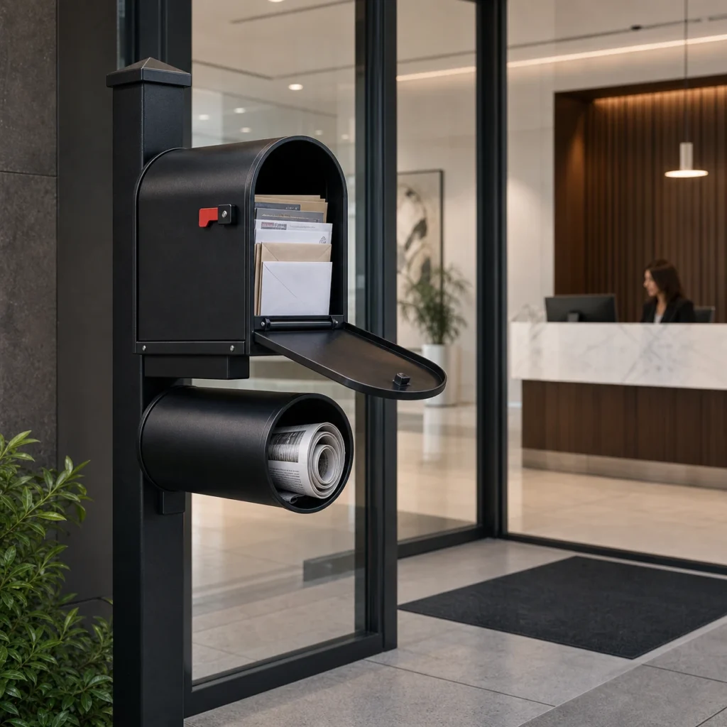 Mailbox with newspaper holder installed near a modern office entrance to organize daily mail and reduce front desk pressure