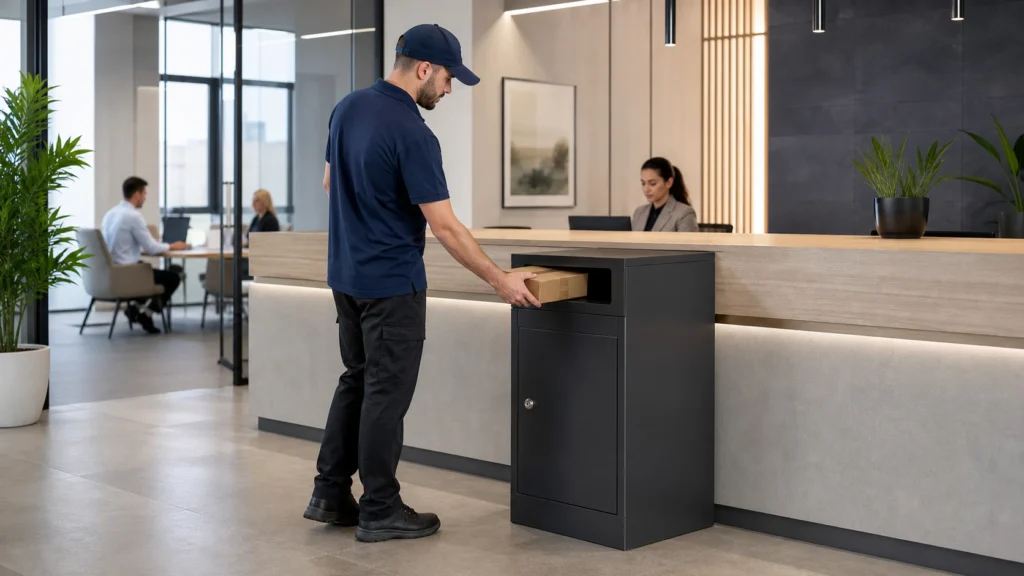 Compact lockable parcel box in an office lobby helping reduce front desk pressure