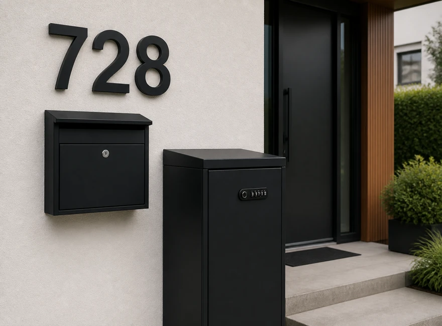 Matching oversized address numbers installed with a mailbox and parcel box for front door delivery product lines