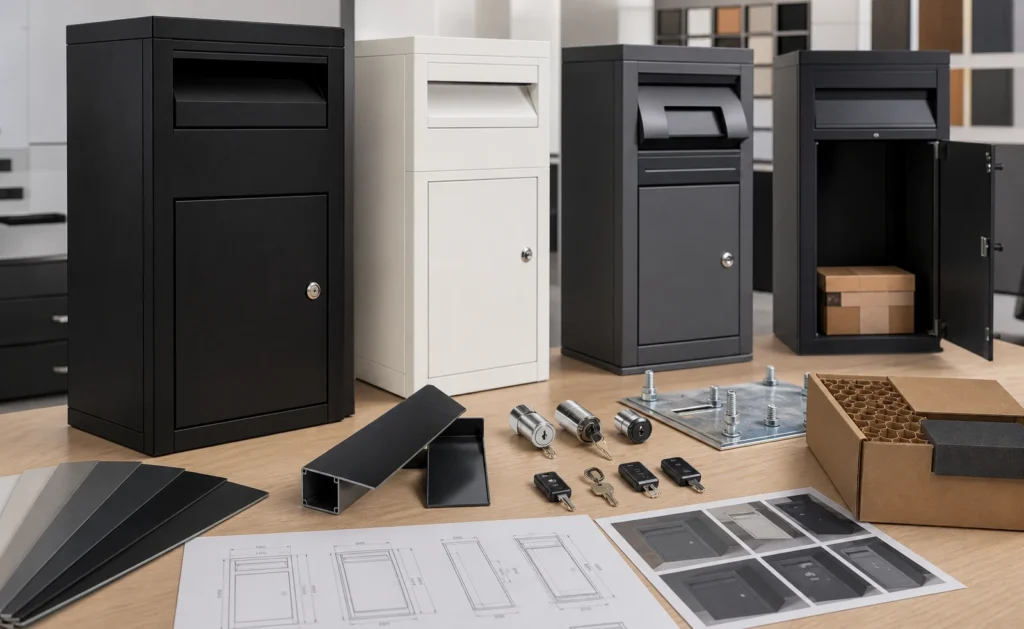 Parcel letterbox samples with different finishes locks parcel openings mounting hardware and packaging for OEM customization