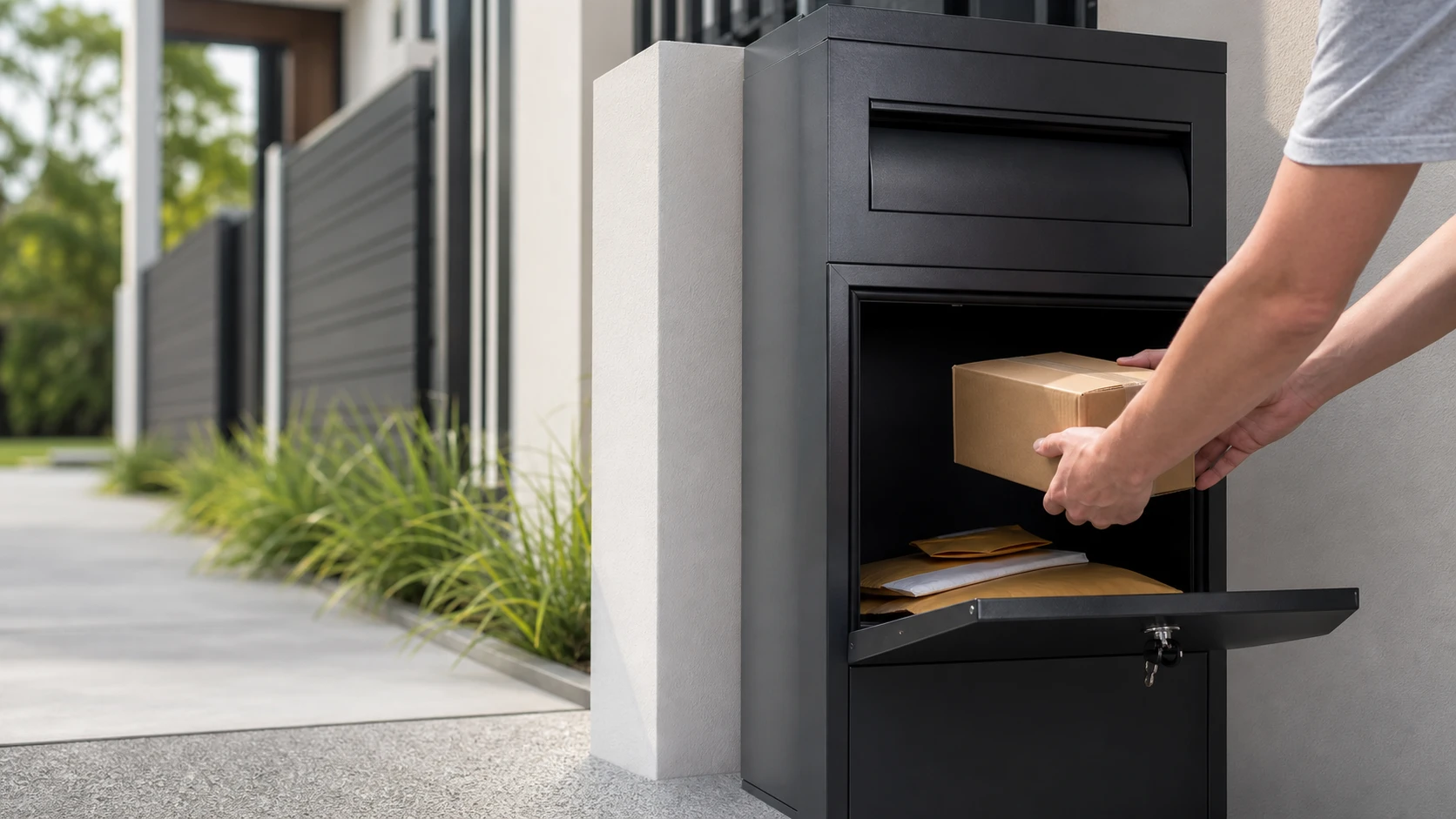 Secure parcel letterboxes at a modern entrance protecting mail and small parcels from rain damage and theft