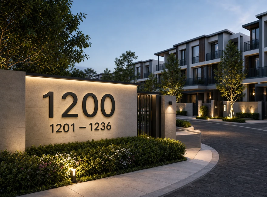 Consistent large address numbers used at a modern apartment or gated community entrance for apartments villas and townhouses