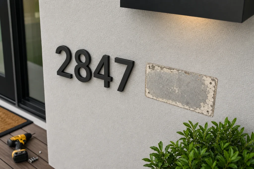 New matte black modern house numbers replacing an old faded address sign on a renovated home entry wall