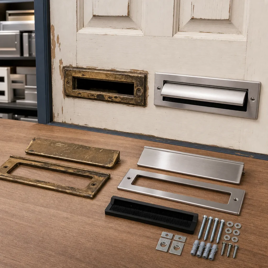 Replacement mail slot flaps, covers, trims, brush inserts, screws, and fitting kits used to repair or upgrade old door mail slots