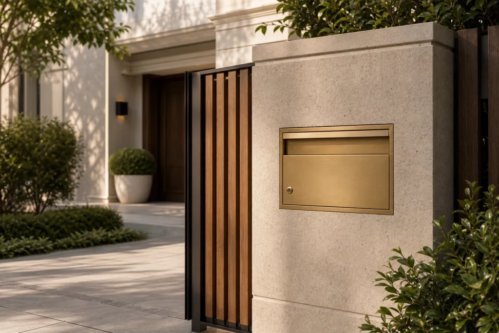 Brass custom letterbox integrated into a stone residential entrance column for a premium home or villa
