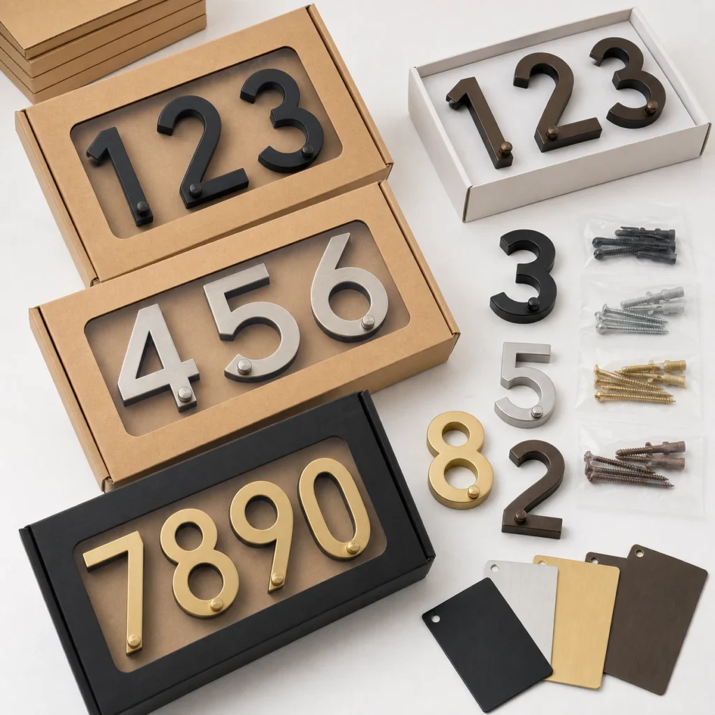 Stud mount house number kits with OEM packaging finish samples and installation hardware for retailers and distributors