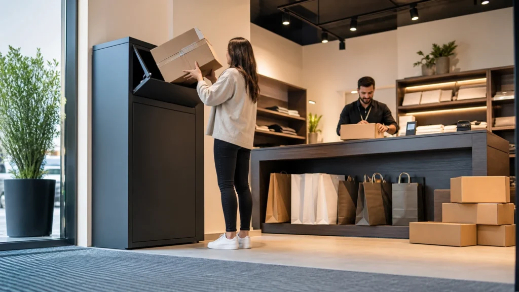 Extra large parcel drop box near a retail pickup counter supporting customer collections, returns, and bulky packages