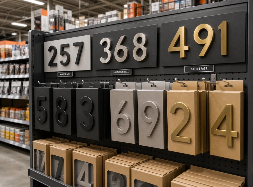 Packaged large house numbers displayed in a hardware store for home improvement retailers and online shops