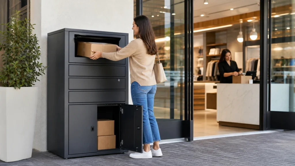 Large parcel drop box near a retail storefront supporting organized customer pickup, drop-off, and returns