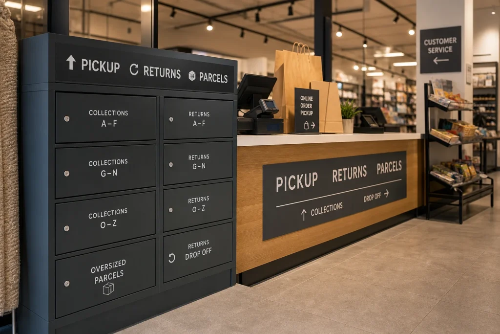 Retail pickup point with parcel box decals and signs for pickups, returns and organized customer parcel handling