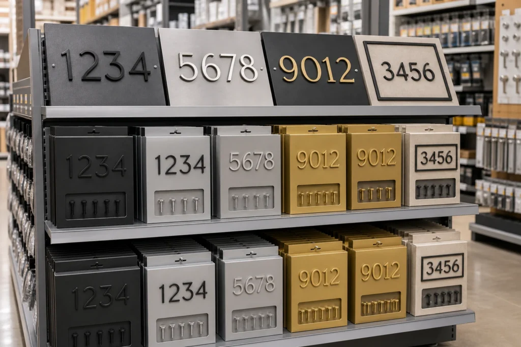 Modern address number retail kits displayed in black, brushed metal, gold and plaque finishes for hardware store product lines