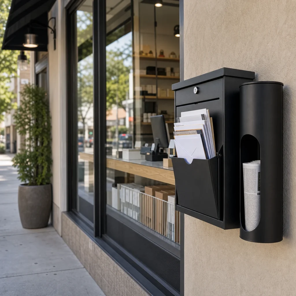 Wall mounted mailbox with side newspaper holder at a retail storefront for organized printed material pickup and drop off