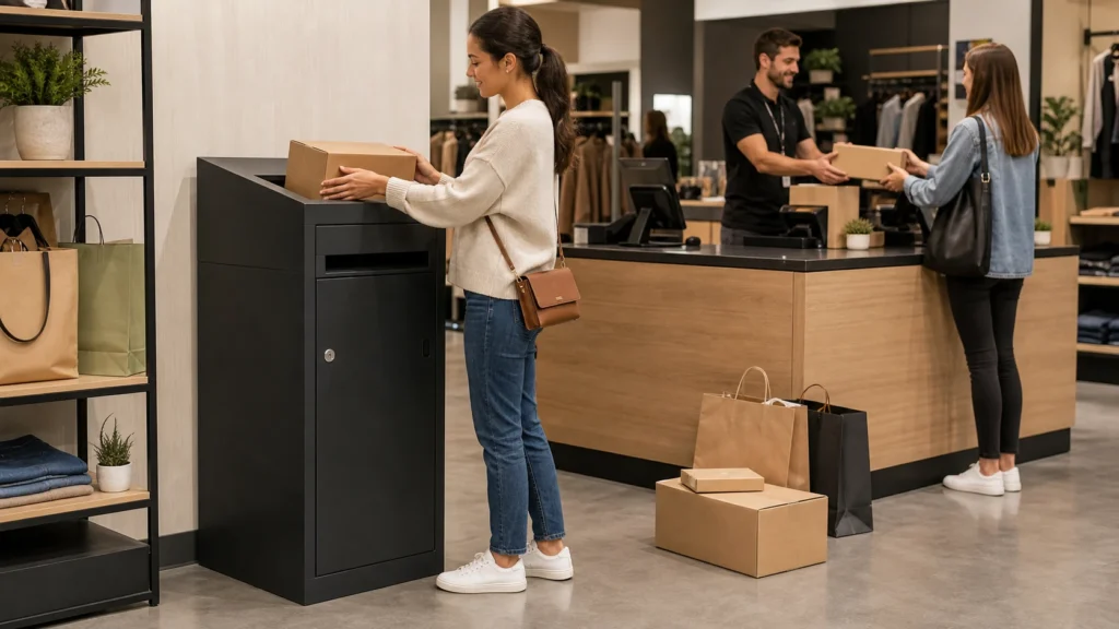 Retail medium parcel pickup box solution for stores, pickup points, returns, and customer service package handling areas.