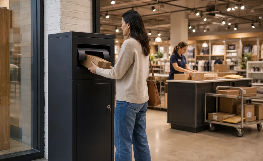 Customer using a parcel drop letterbox in a retail pickup area for organized parcel collection returns and store package handling