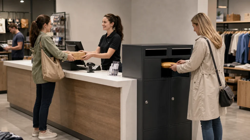 Small parcel pickup and drop-off boxes beside a retail customer service counter for organized collections