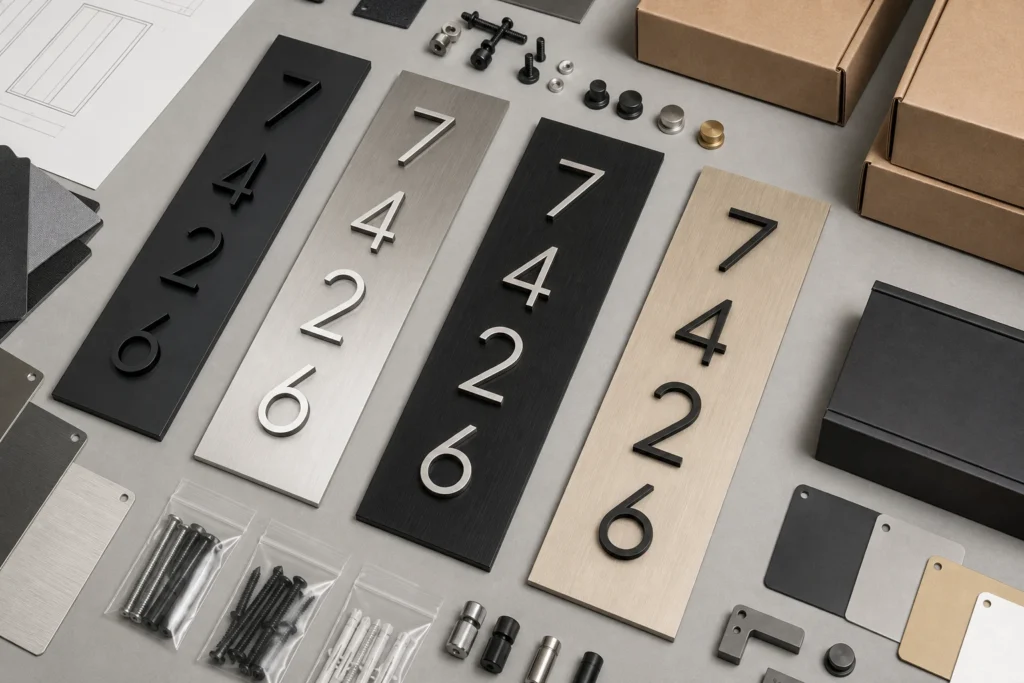 Coordinated vertical house number plaque samples with finish options, hardware kits and plain packaging for signage brand product lines