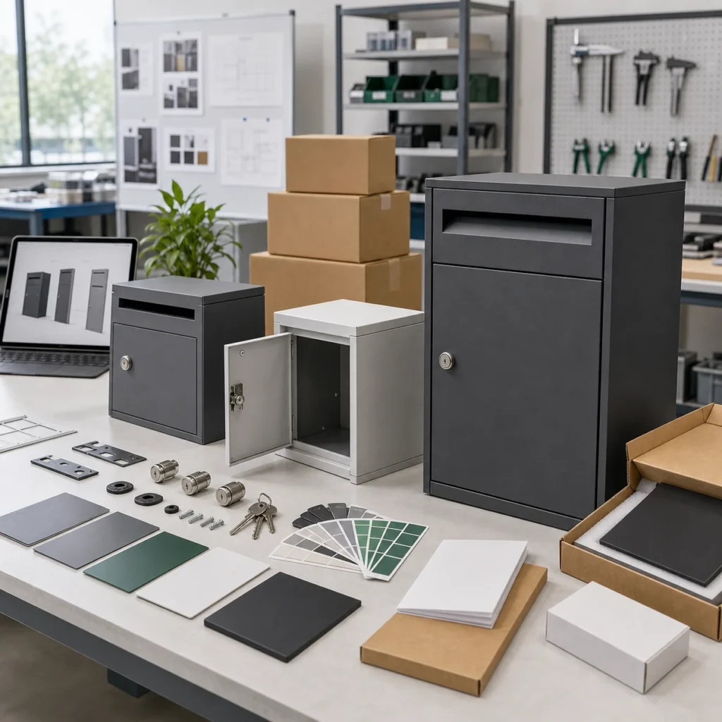 Factory sample review table with custom small parcel box prototypes