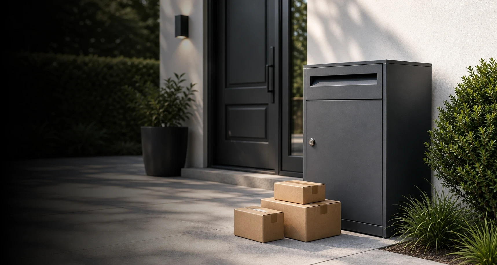 Lockable small parcel boxes installed near a modern entrance for secure home