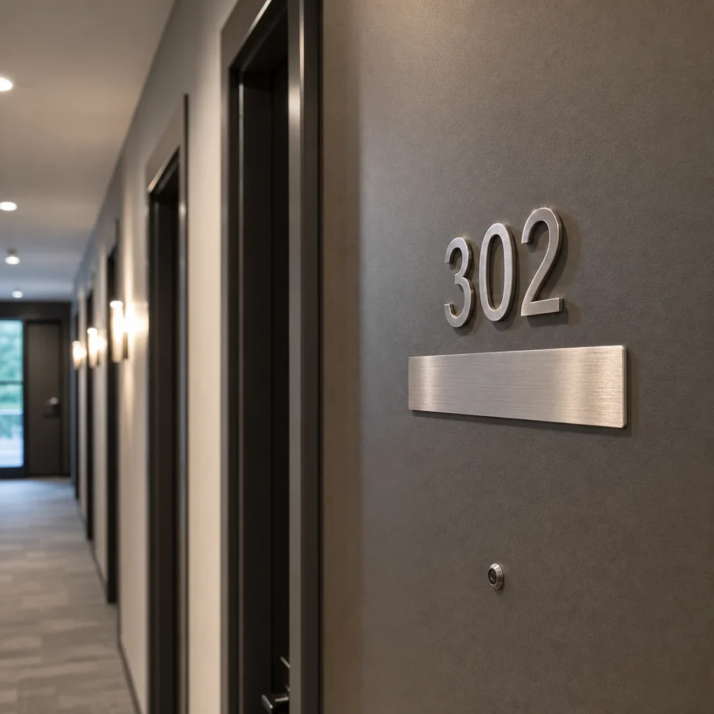 Brushed stainless steel stick on unit number and name plate installed on an apartment door in a residential corridor