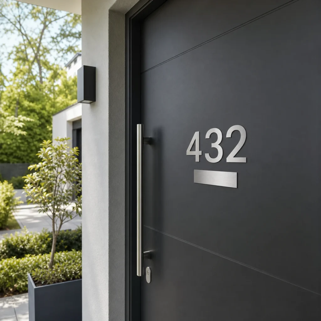 Brushed stainless steel stick on house numbers attached to a modern front door for clear entrance address marking