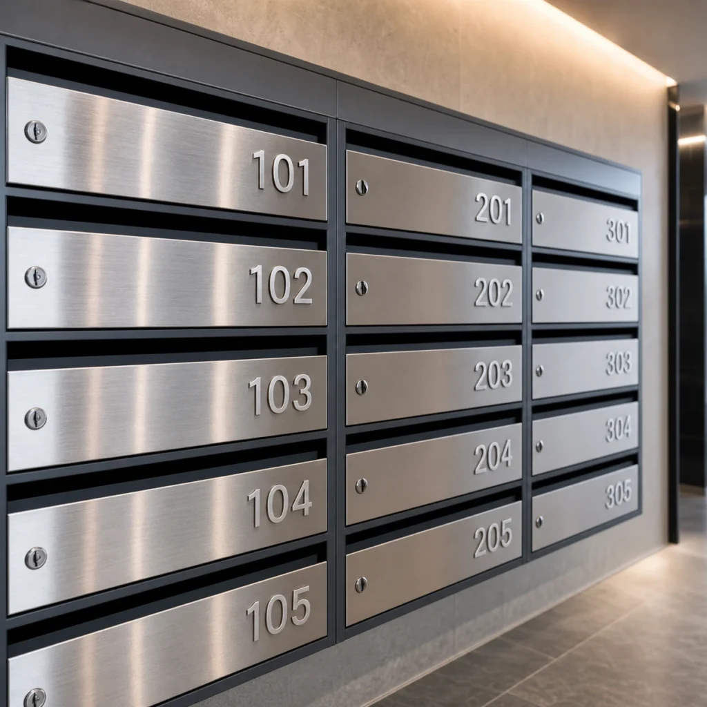 Stainless steel stick on unit numbers applied to wall mounted mailboxes in a shared residential mail area