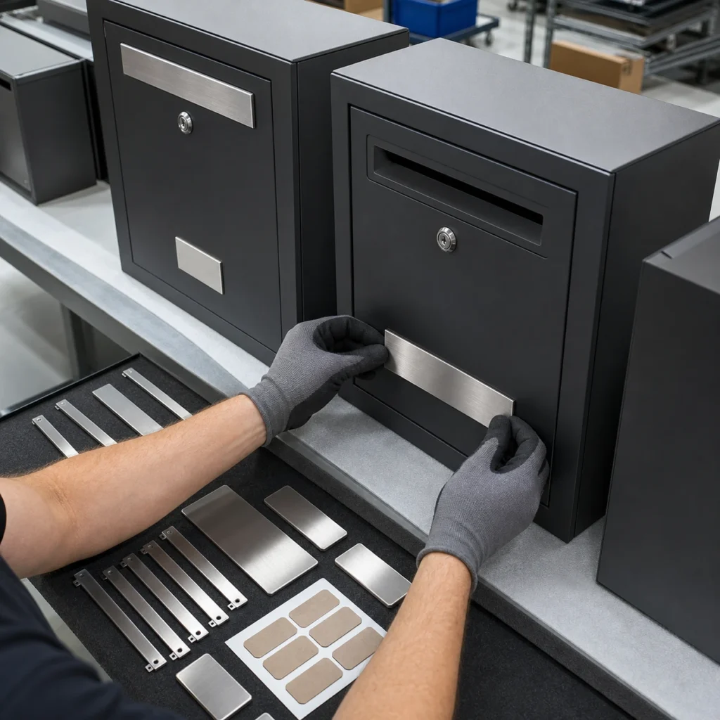 Custom brushed stainless steel blank branding plates and trim parts aligned on finished OEM product panels