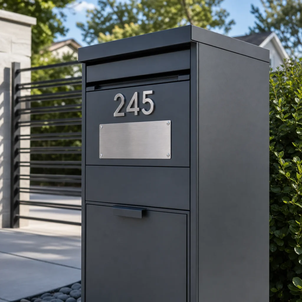 Brushed steel stick on numbers and blank label plate applied to an outdoor parcel drop box for delivery identification