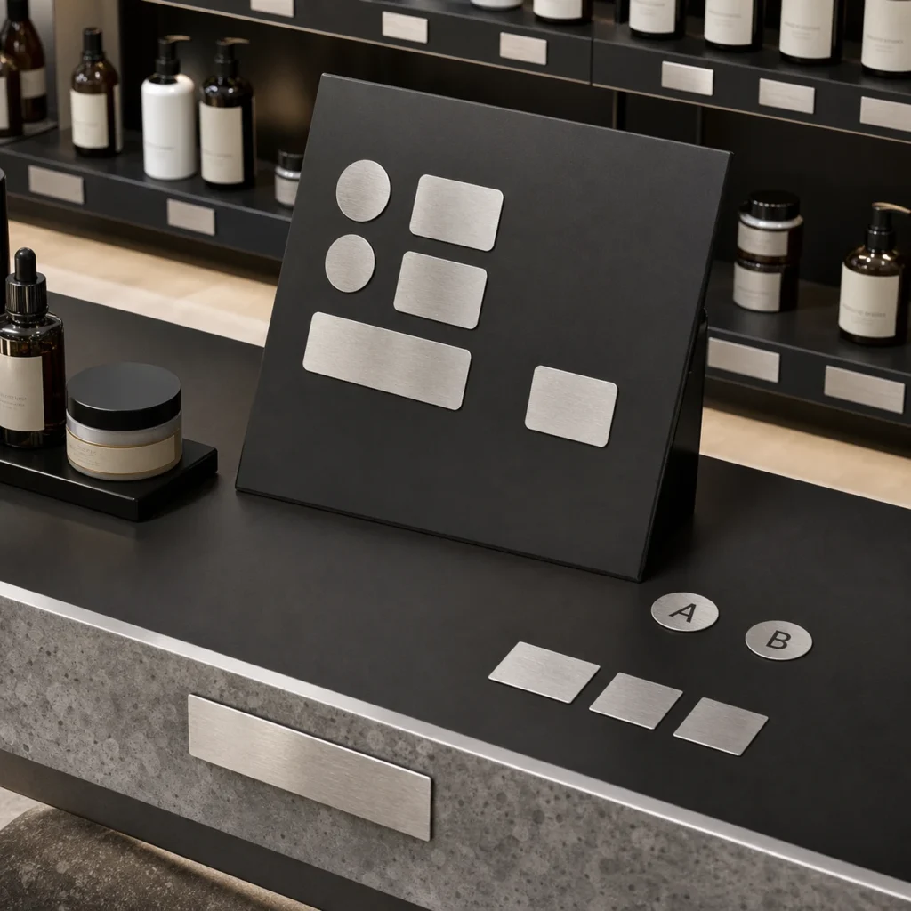 Small brushed stainless steel stick on label plates attached to retail shelves, counters and display panels