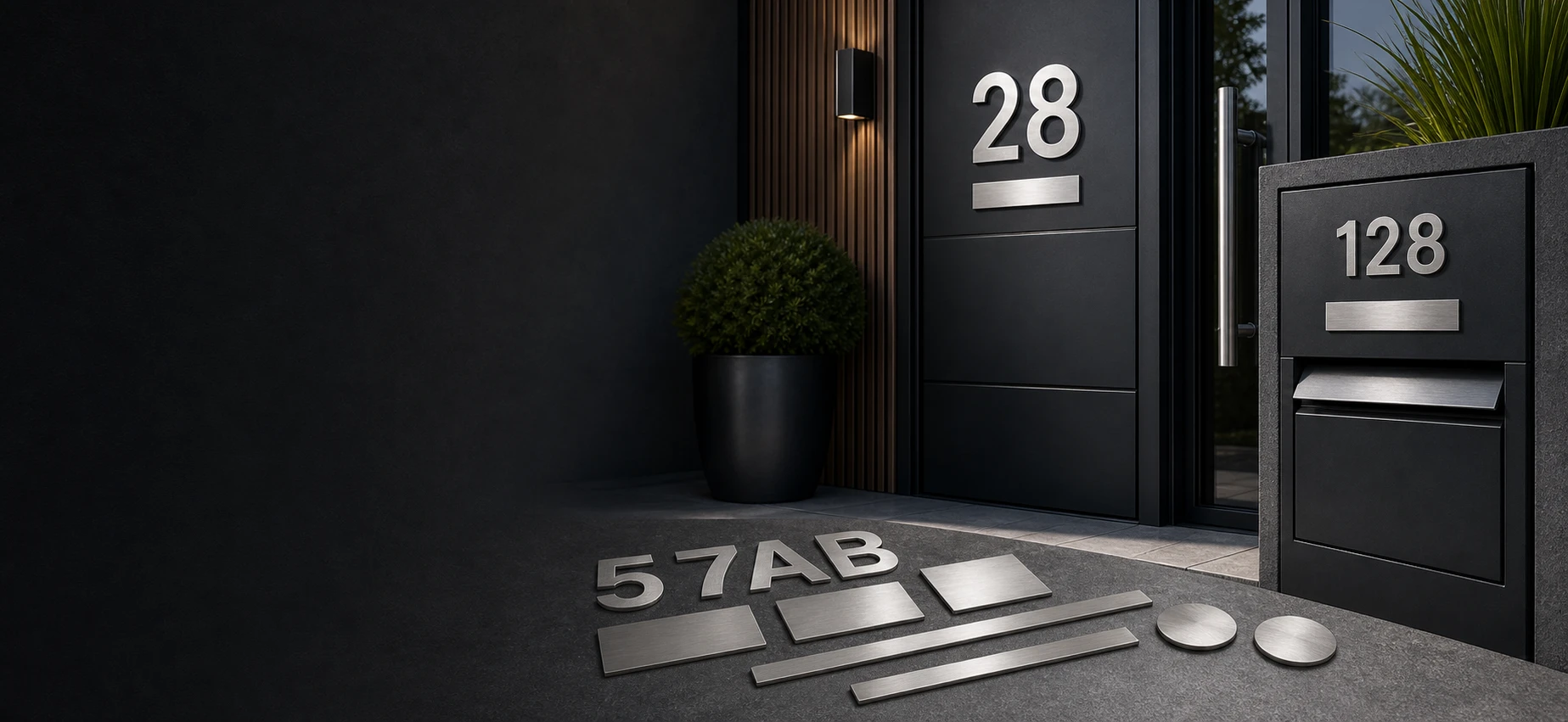 Custom brushed stainless steel stick on numbers, letters, plates and signs for doors, mailboxes, parcel boxes and outdoor signage