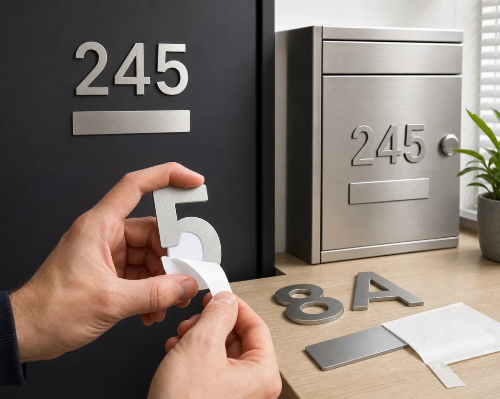 Brushed stainless steel number with plain adhesive backing being applied to a clean flat door and mailbox panel without visible screws