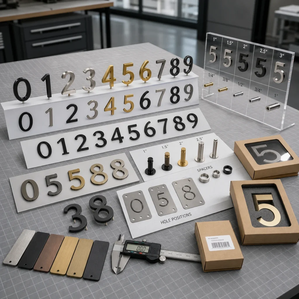 Custom stud mount house numbers with different sizes fonts finishes rear studs spacers labels and retail packaging options